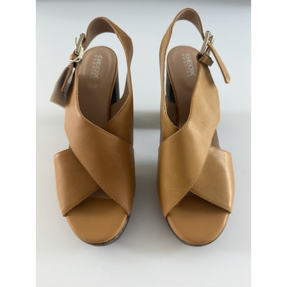 Geox Respira Brown Leather Platform Sandals Block Heel Slingback Women's 8.5 NWT